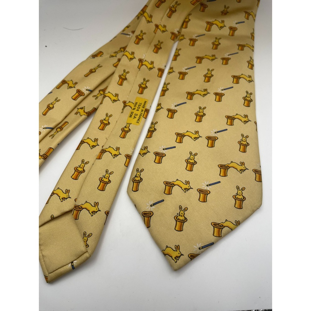 Hermes Paris Silk Tie Magic Rabbit Hat Novelty Gold Yellow Made France 7604 SA
